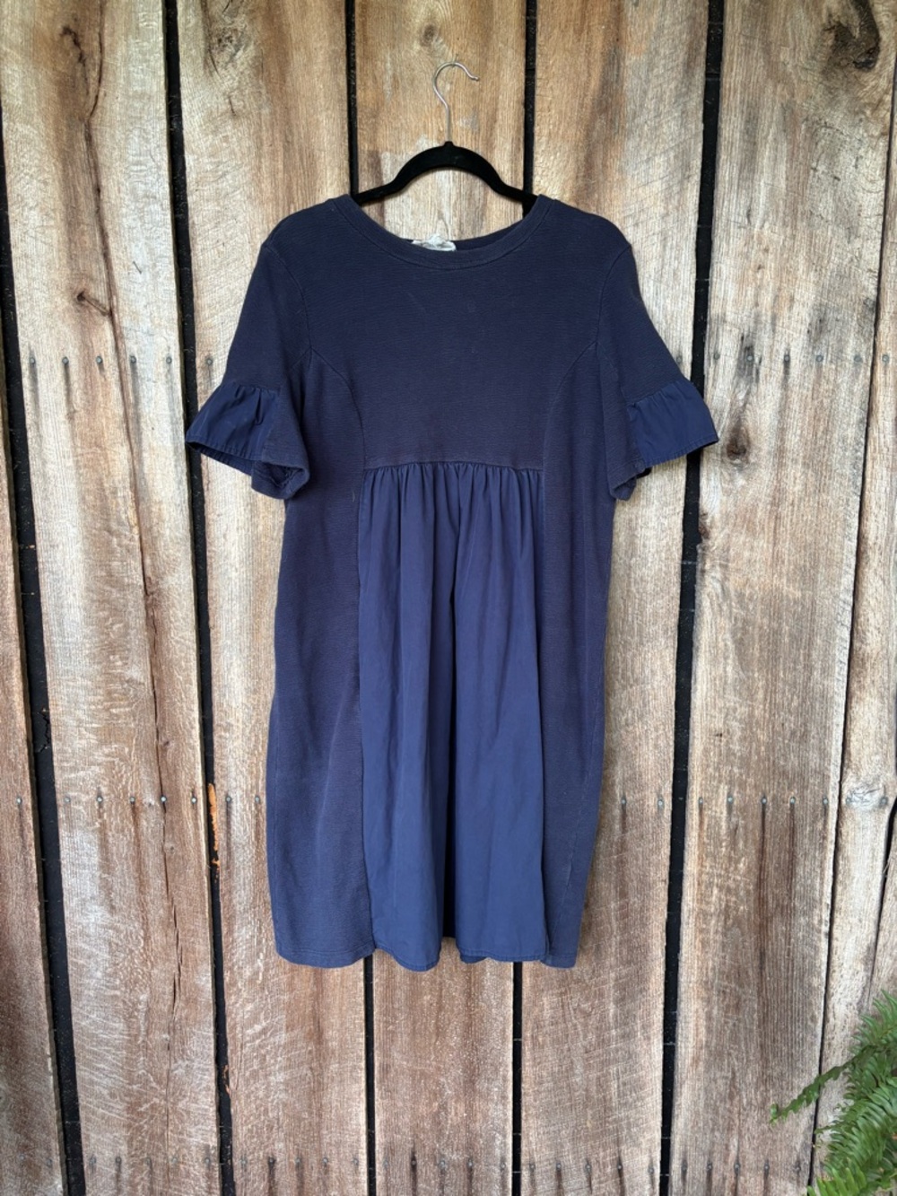 Anthropologie Navy Mixed Med Babydoll Mini Dress Ruffle Sleeve Textured Knit - Picture 2 of 8